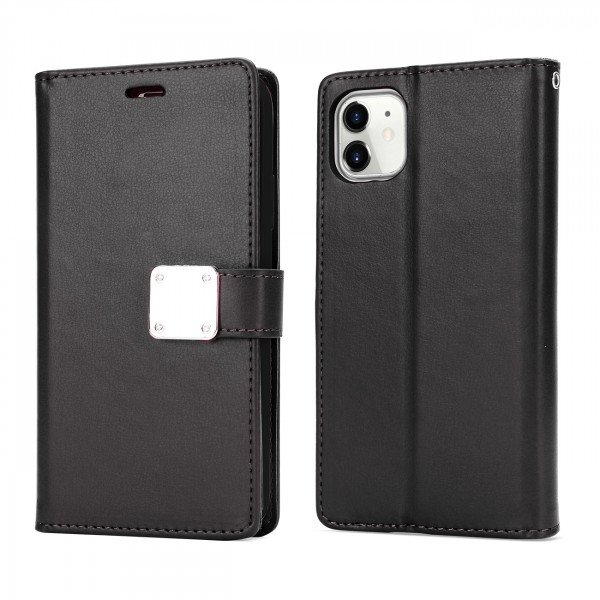 Wholesale Multi Pockets Folio Flip Leather Wallet Case with Strap for iPhone 12 Pro Max 6.7 (Black)